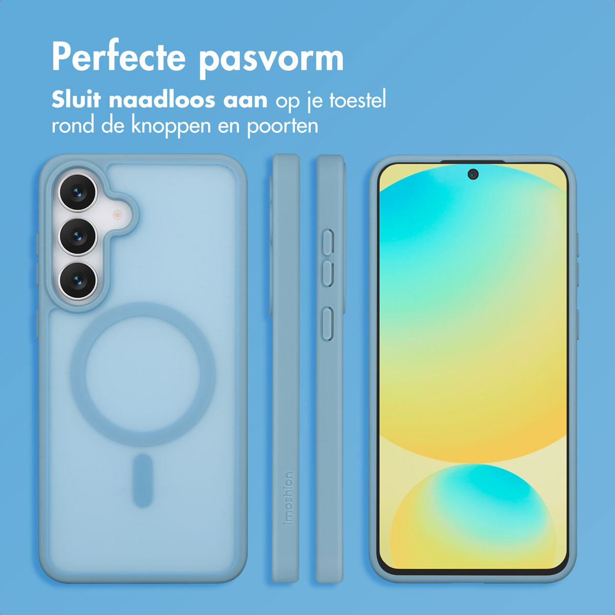 Een lichtblauwe telefoonhoes, twee zijaanzichten en een telefoon met een geel en blauw scherm. Tekst: Perfecte pasvorm, past om knoppen.