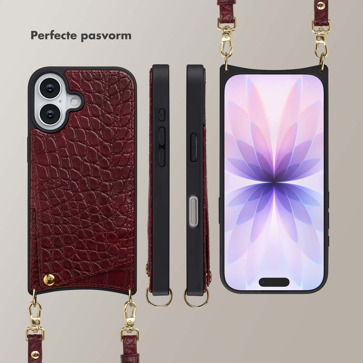 Telefoonhoesje, rood leer met krokodillenstructuur, een zwarte telefoon, zijaanzicht van de hoes en een telefoon met bloemenachtergrond.