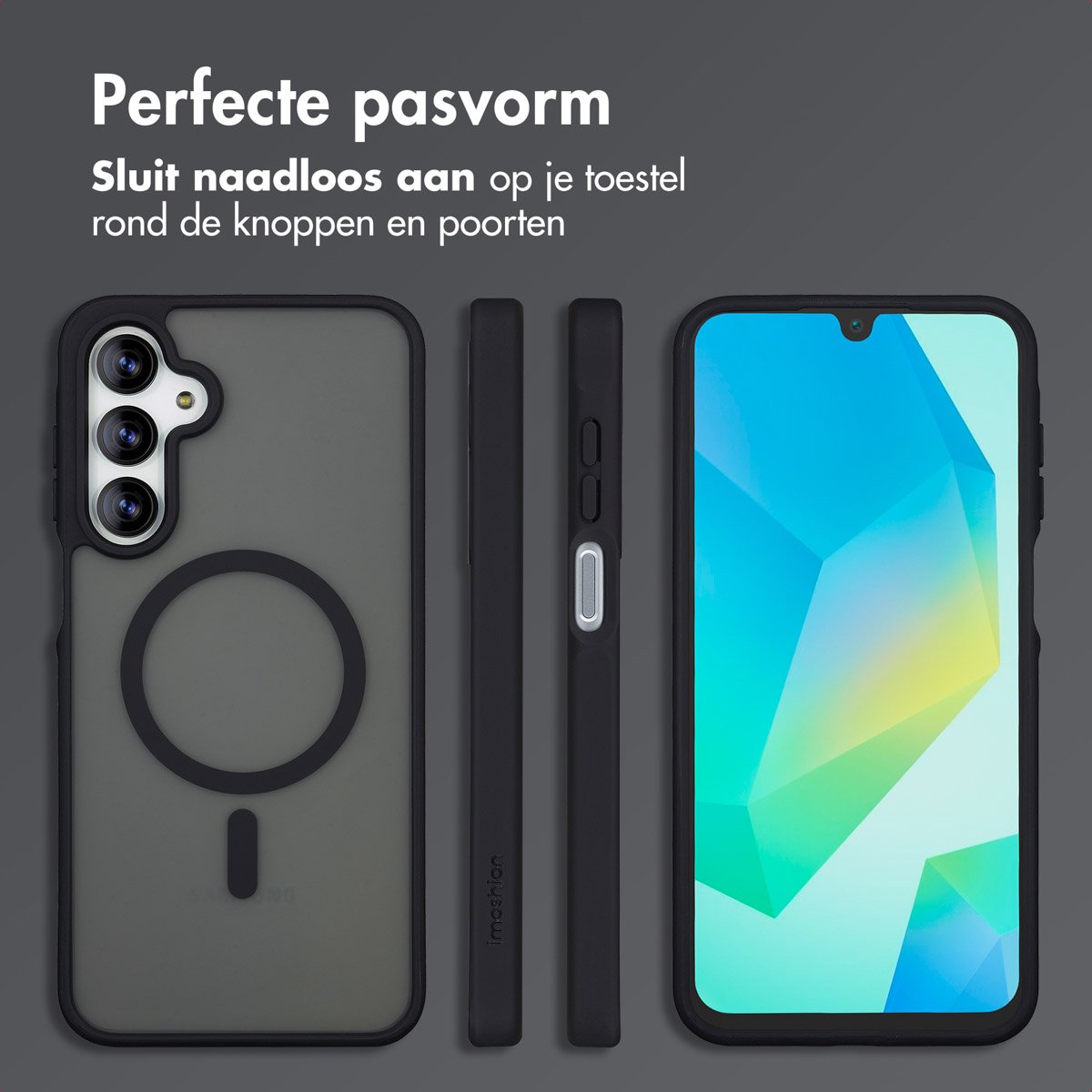 L'immagine mostra custodie per telefoni in diverse viste. Uno schermo del telefono è visibile all'interno di una custodia. Testo in olandese: 'Vestibilità perfetta'.
