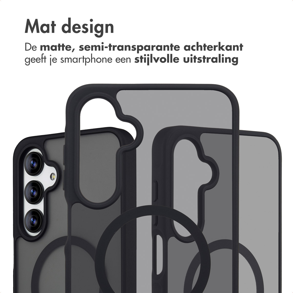L'immagine mostra un design di custodia per telefono. È una custodia nera semitrasparente. Il design è per smartphone, con ritaglio fotocamera.