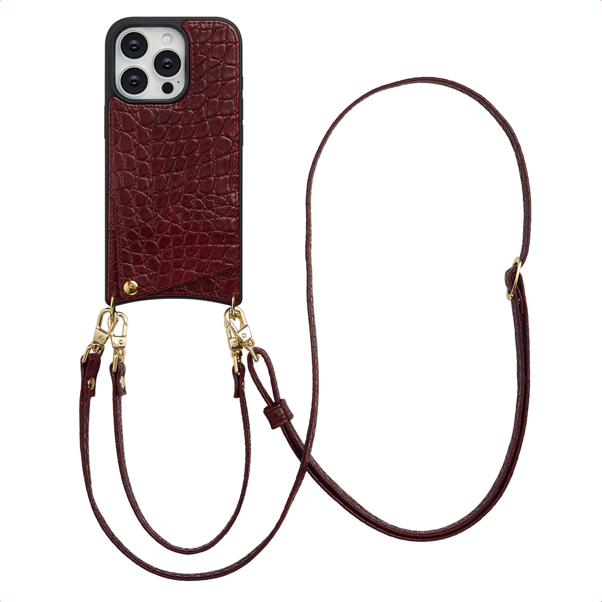 Un étui de téléphone bordeaux avec une bandoulière. L'étui a une surface texturée et des fermoirs dorés. La sangle est fine.