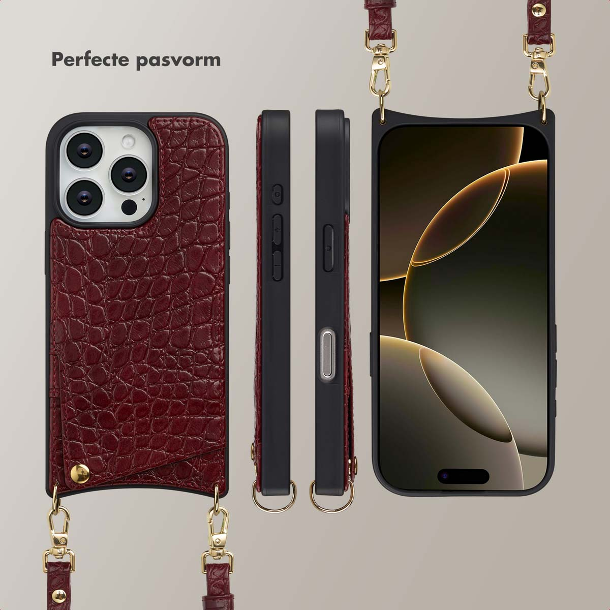 Image d'un étui de téléphone avec une sangle. L'étui est en cuir bordeaux avec un cadre noir. La sangle est bordeaux avec des accessoires dorés.