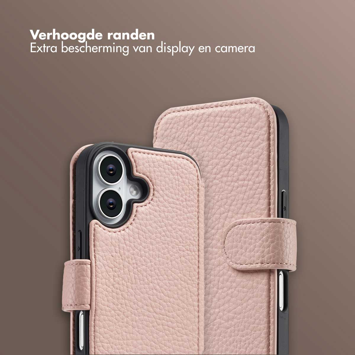 Étui de téléphone rose avec cadre noir. Texte en haut. Texture cuir visible. Protection de caméra et écran en avant.