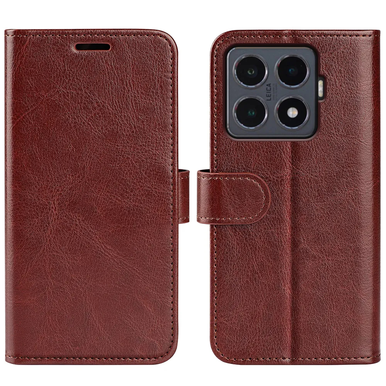 Een bruine leren telefoonhoes, opengeklapt om de telefoon te laten zien. De telefoon heeft een cameramodule met Leica-merk.