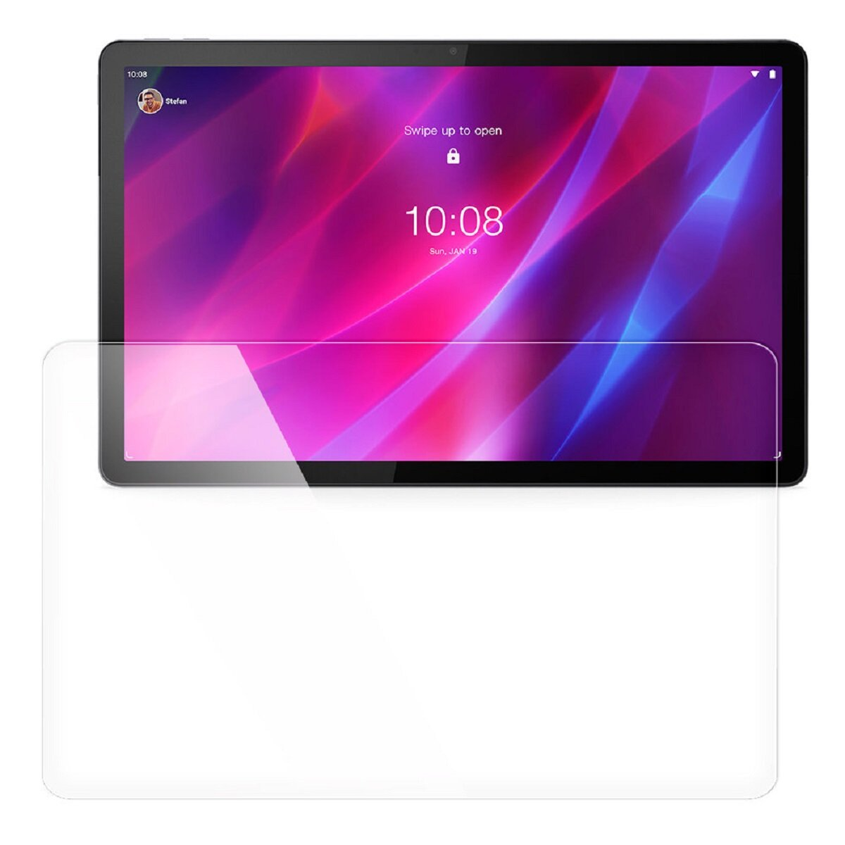 Un tablet mostra una schermata di blocco con l'ora e un invito a scorrere. Una protezione per lo schermo è posizionata sul tablet.