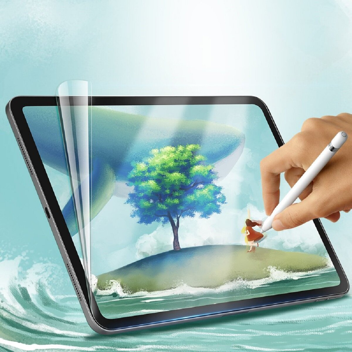 Una mano tiene uno stilo per disegnare su un tablet. Il tablet mostra un'isola con un albero e una ragazza. Una balena nuota sullo sfondo.