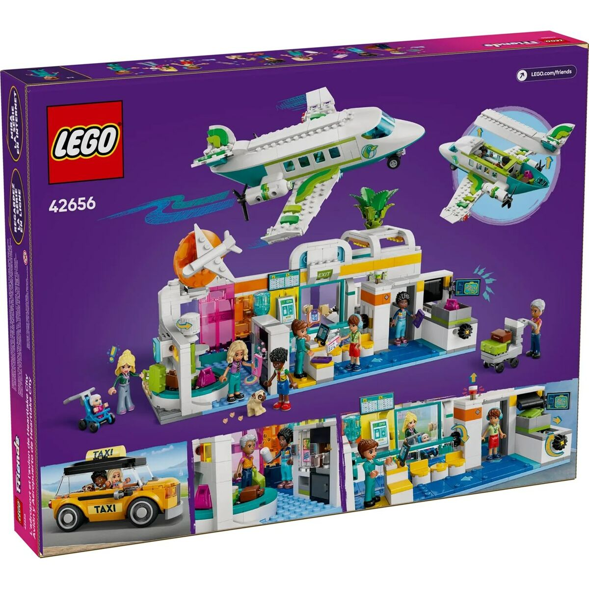 Una scatola LEGO mostra una scena aeroportuale con aerei e figure. Un taxi giallo con passeggeri è in primo piano.