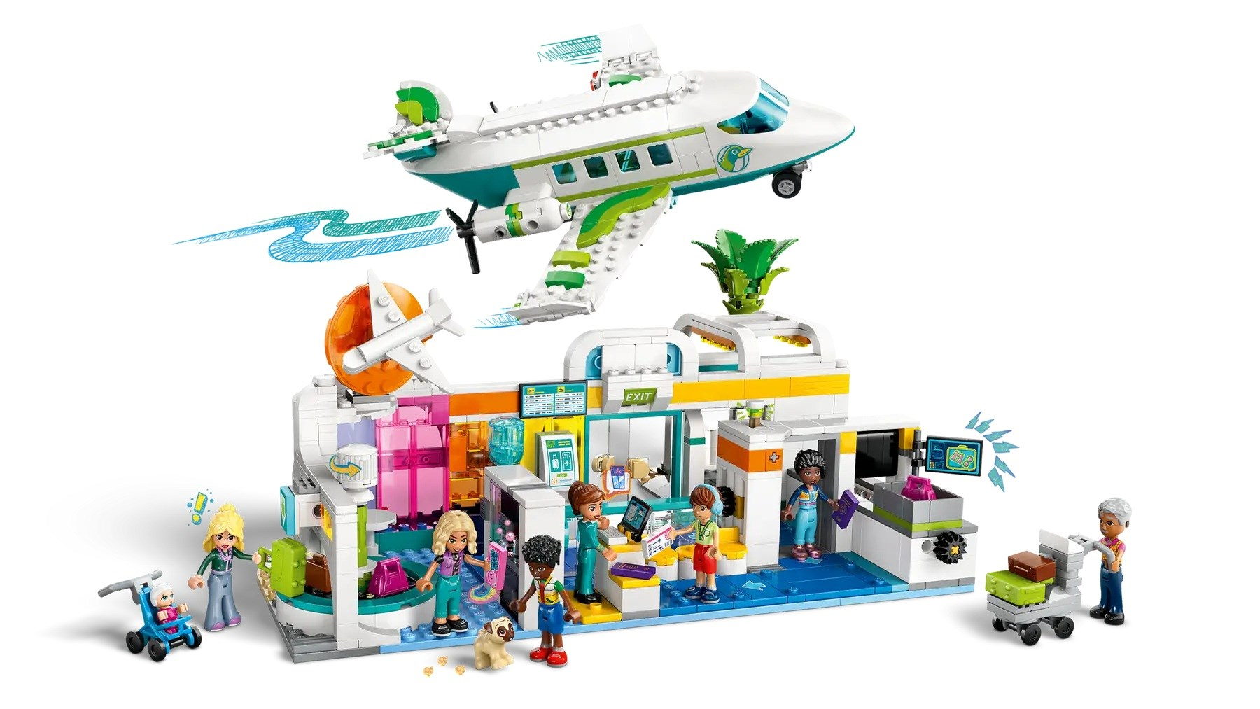 Set aeroporto Lego con personaggi, aereo e terminal. Include minifigure, carrelli per bagagli e un aereo in decollo.
