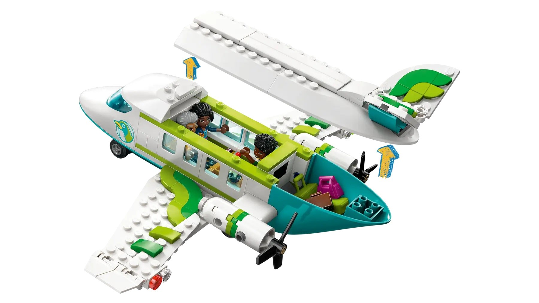 Un aereo LEGO bianco e verde acqua con accenti verdi. Il tetto è aperto, rivelando tre personaggi all'interno. La coda ha foglie verdi.