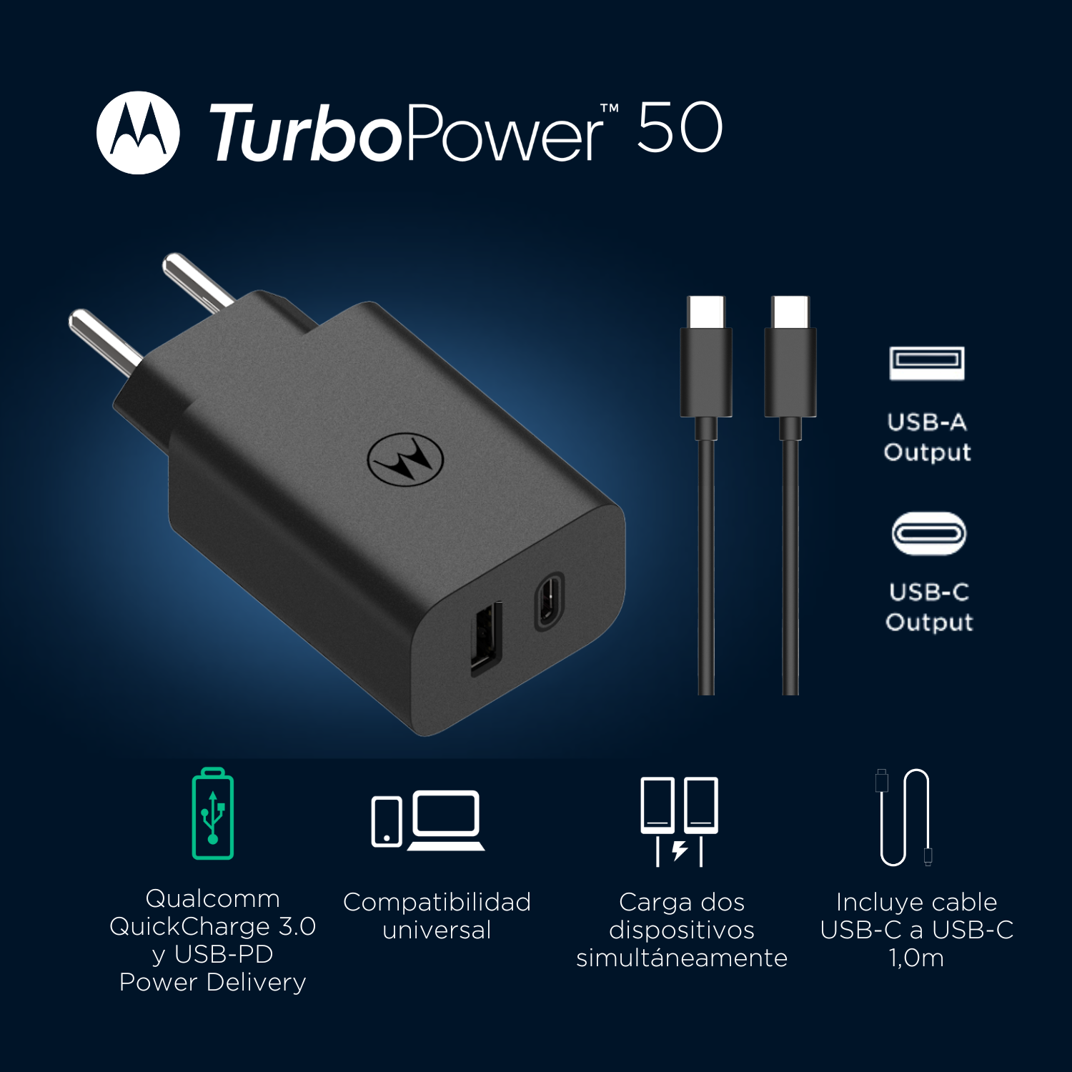 Chargeur Motorola TurboPower 50 noir avec sorties USB-A et USB-C, avec câble de charge. Inclut charge rapide et charge double appareil.