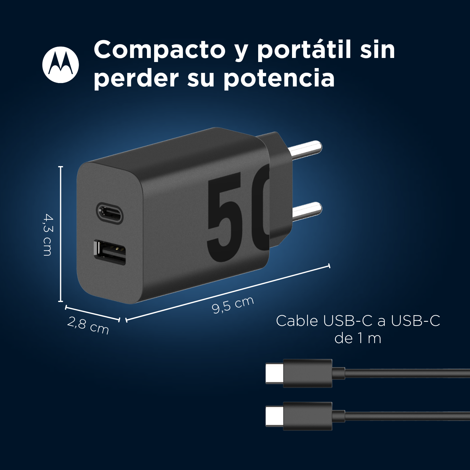 Chargeur Motorola noir avec ports USB et le chiffre 50. Les dimensions sont affichées. Câble USB-C. Texte : Compact et portable sans perdre de puissance.