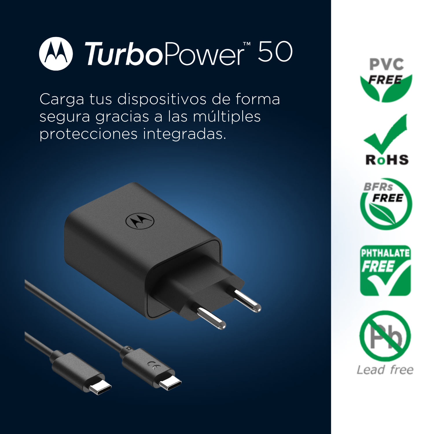 Chargeur noir Motorola TurboPower 50 avec câble USB-C. Texte : 'Carga tus dispositivos de forma segura'. Icônes : PVC, RoHS, BFRS, Phthalate Free, Lead Free.