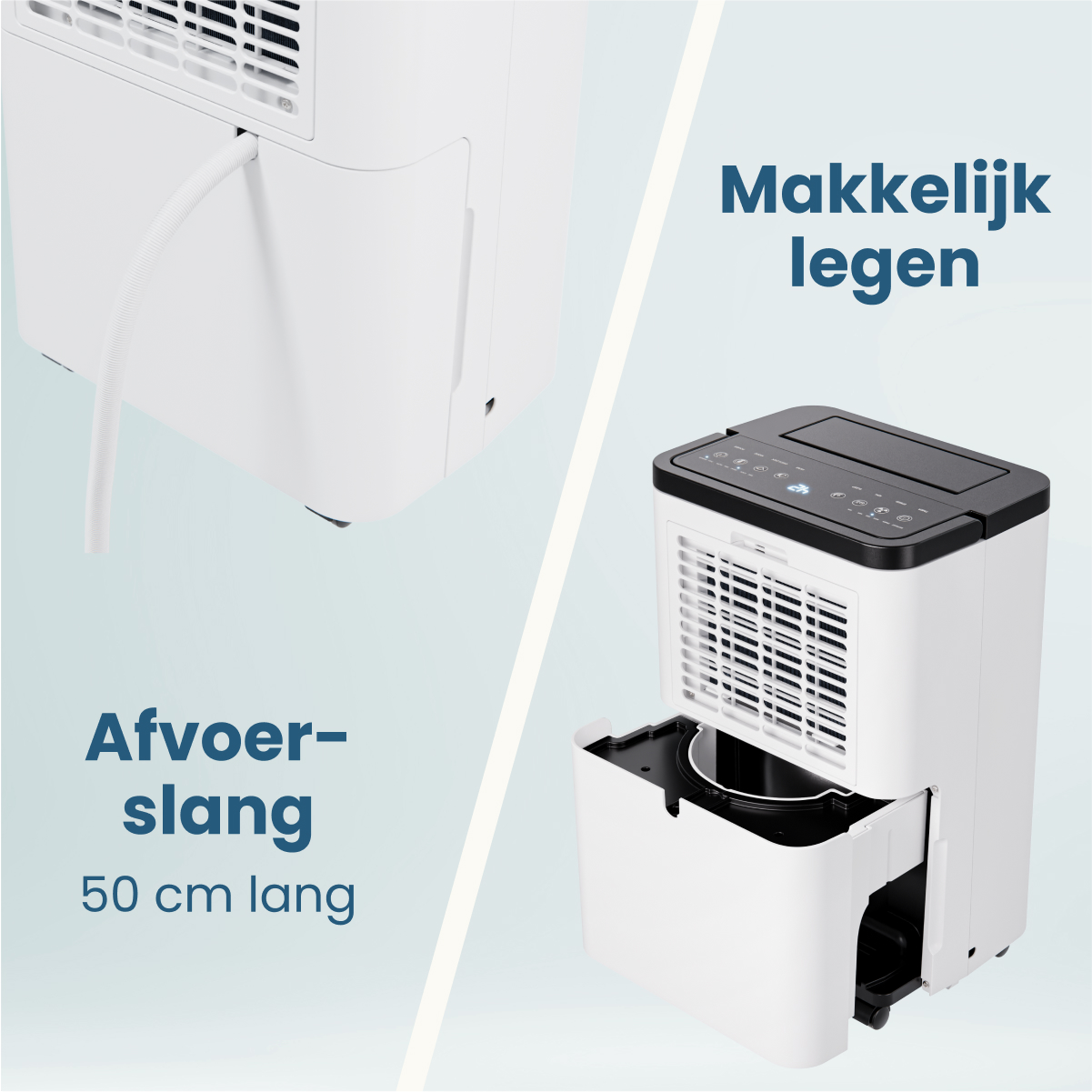 Een witte luchtontvochtiger met een zwart bovenstuk wordt getoond. Labels benadrukken een afvoerslang en gemakkelijk legen. Op een lichtblauwe achtergrond.