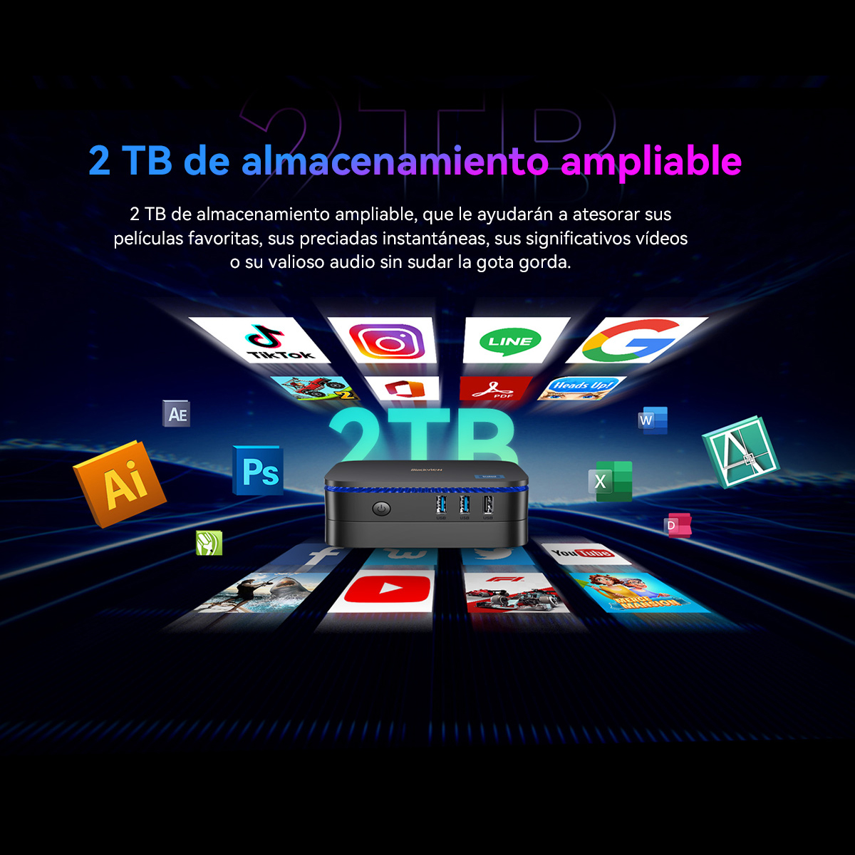 La imagen muestra un dispositivo de almacenamiento de 2 TB con iconos de aplicaciones. El texto dice: Almacenamiento de 2 TB, guarda tus películas, vídeos y audio.