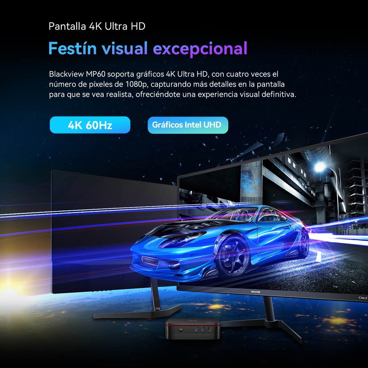 Un monitor muestra un coche azul corriendo en una pista, con texto sobre 4K Ultra HD y gráficos. Un dispositivo negro debajo.