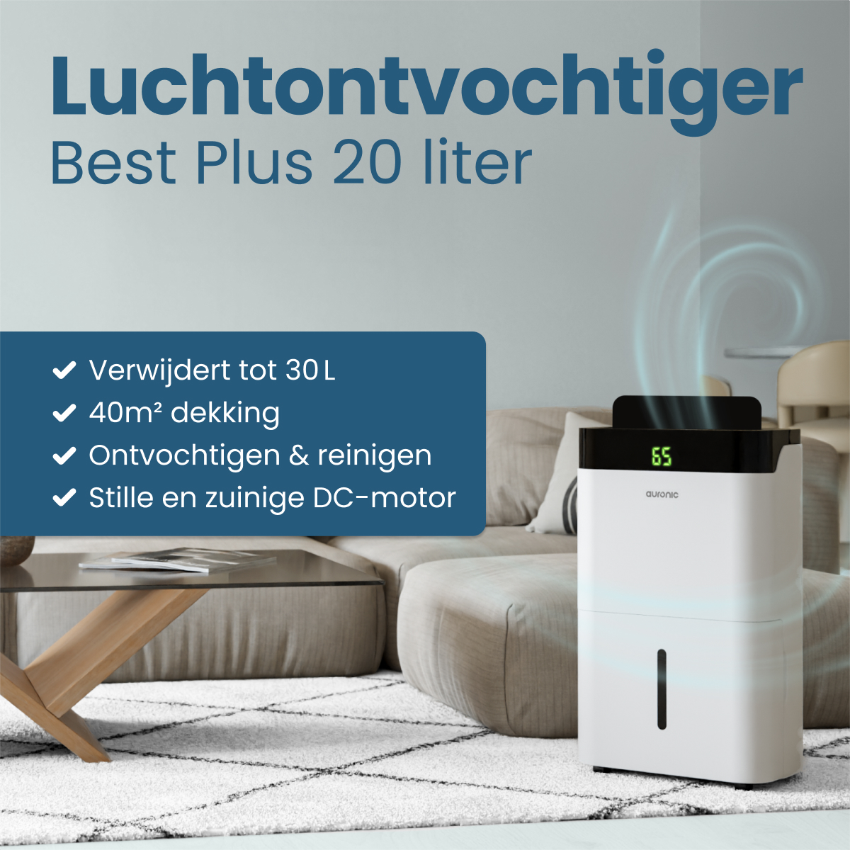 Een witte luchtontvochtiger op een vloerkleed in een woonkamer. Tekst bovenaan, kenmerken in een blauwe doos. Bank en salontafel op de achtergrond.