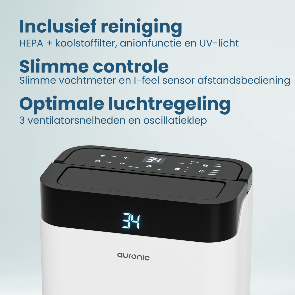 Een luchtreiniger met een zwarte bovenkant en witte behuizing toont '34'. Nederlandse tekst beschrijft functies zoals luchtreiniging en slimme bediening.
