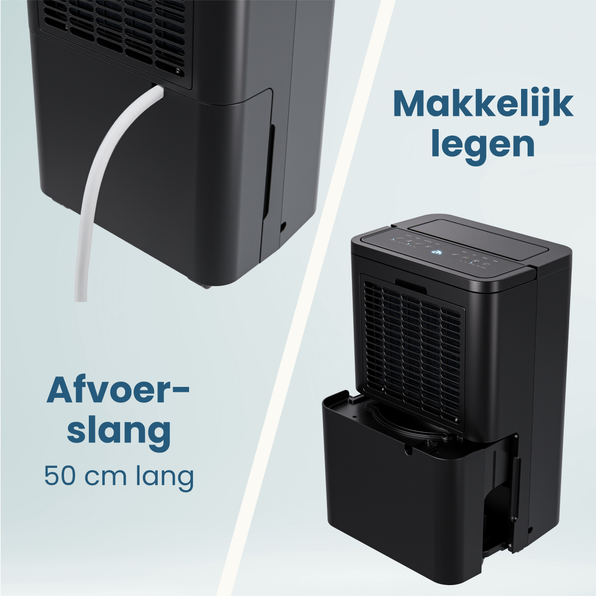 Zwarte luchtontvochtiger met afvoerslang en tekst. Boven- en onderkant zichtbaar. Tekst zegt 'Afvoerslang 50 cm lang' en 'Makkelijk legen'.