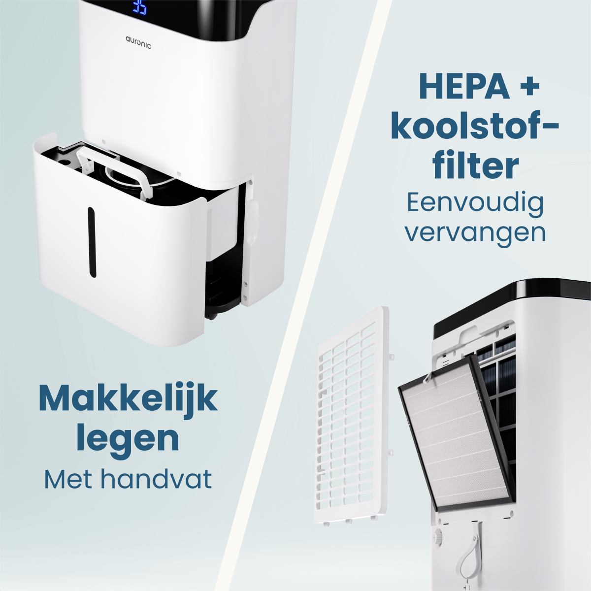 Een witte luchtontvochtiger met een open lade, filter en tekst. Toont HEPA-filter en gemakkelijk legen met een handvat.