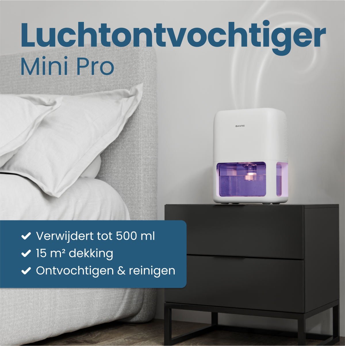 Een witte luchtontvochtiger op een zwart nachtkastje. Links een bed. Tekst: Verwijdert tot 500 ml, 15 m² dekking, en ontvochtigt en reinigt.