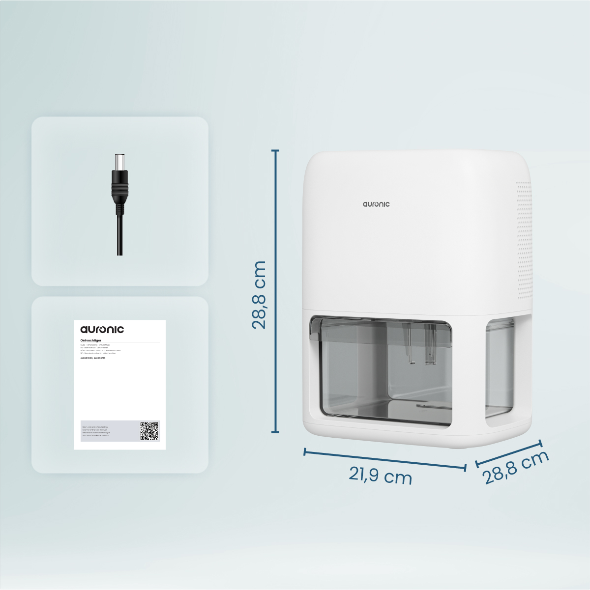Een witte Auronic luchtontvochtiger met afmetingen, een kabel en een document worden weergegeven. Het hoofdproduct is wit met een transparante watertank.