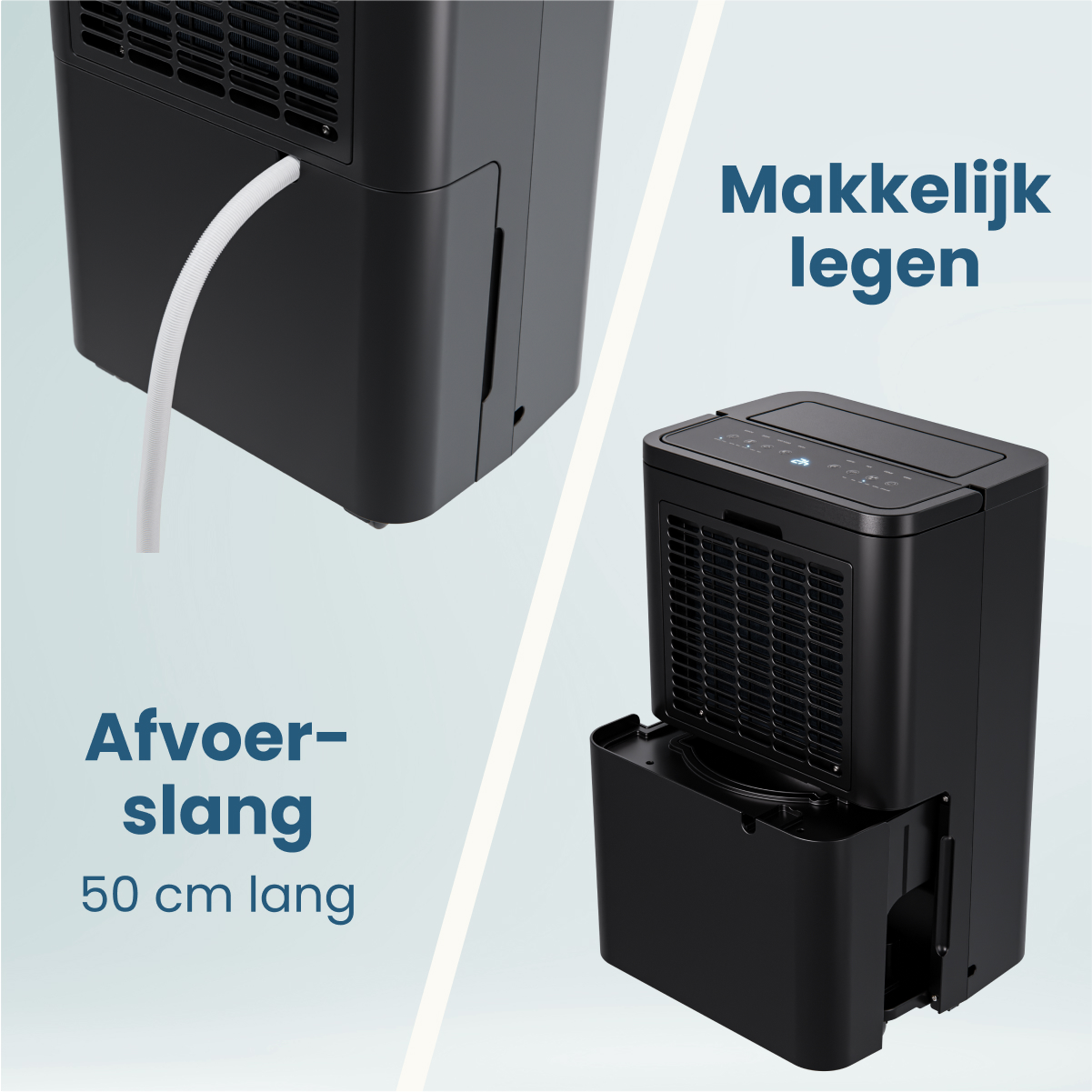Schwarzer Luftentfeuchter mit Ablassschlauch und Text. Aufschriften lauten 'Afvoerslang 50cm lang' und 'Makkelijk legen'. Das Gerät hat einen Wassertank.