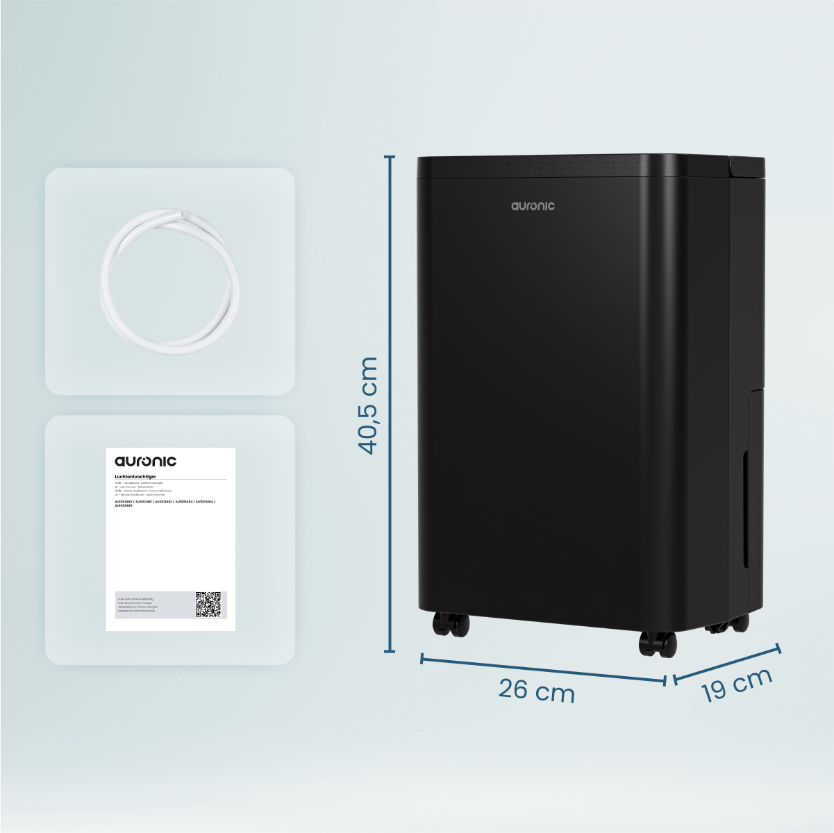 Een zwarte Auronic ontvochtiger. Afmetingen: 40,5 cm hoog, 26 cm breed en 19 cm diep. Inclusief een witte buis en een document.