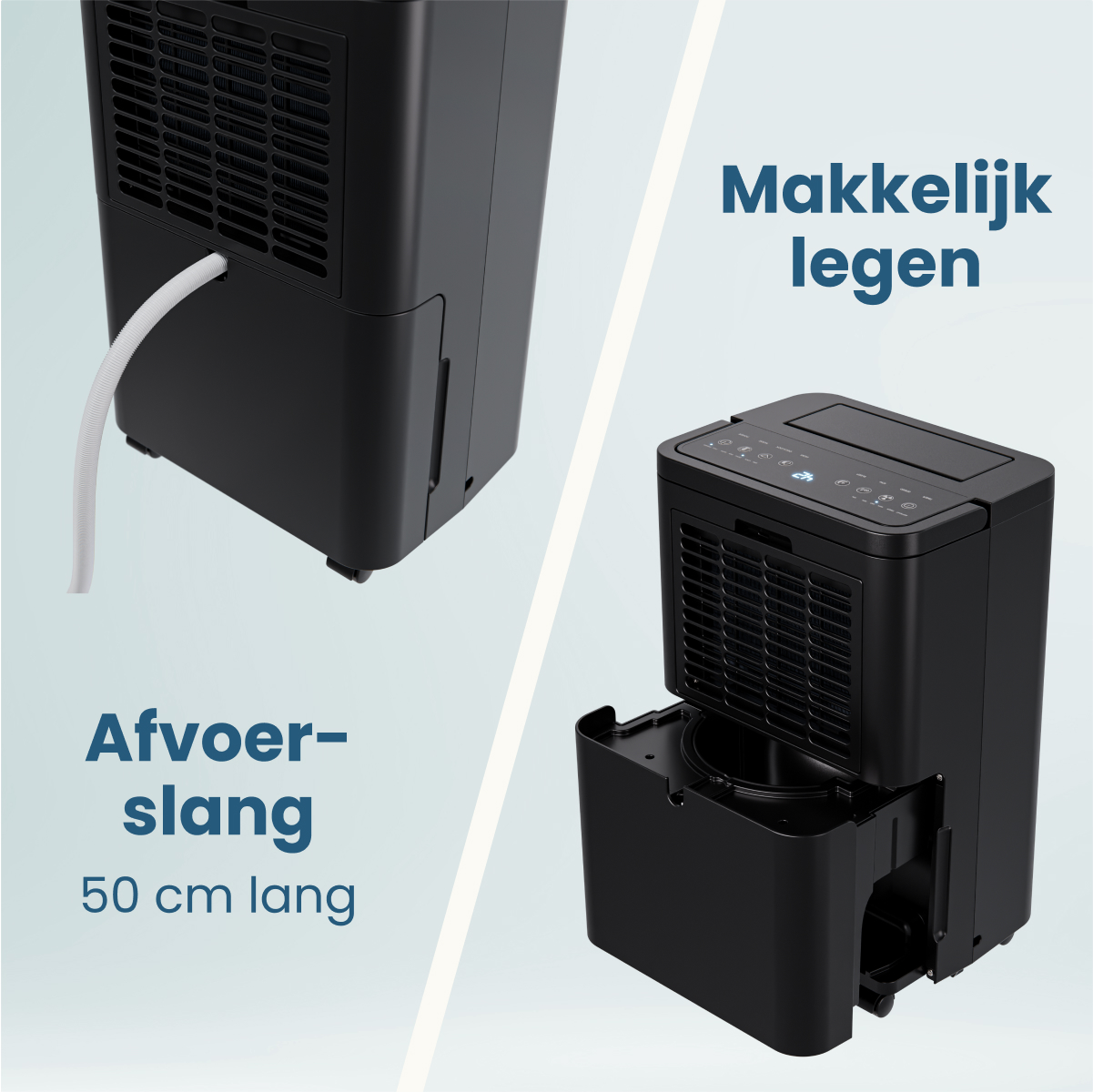 Twee zwarte ontvochtigers. Eén heeft een witte slang. Tekst zegt 'Afvoerslang 50 cm lang' en 'Makkelijk legen'.