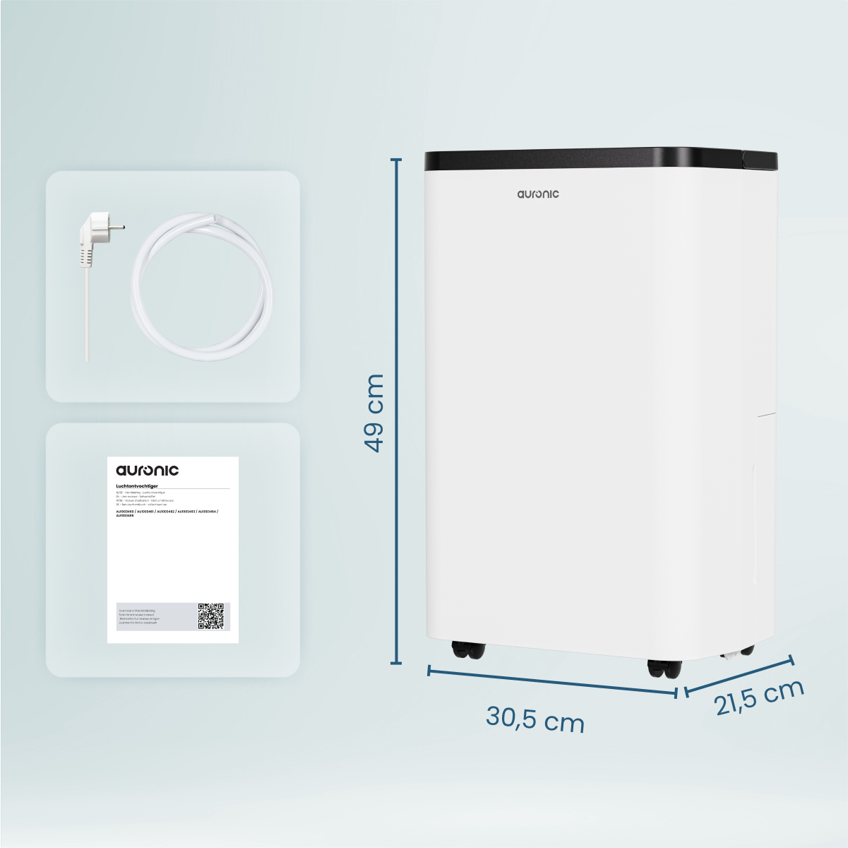 Witte luchtontvochtiger met zwart bovenstuk, afmetingen getoond. Accessoires: netsnoer, handleiding. Merk Auronic.