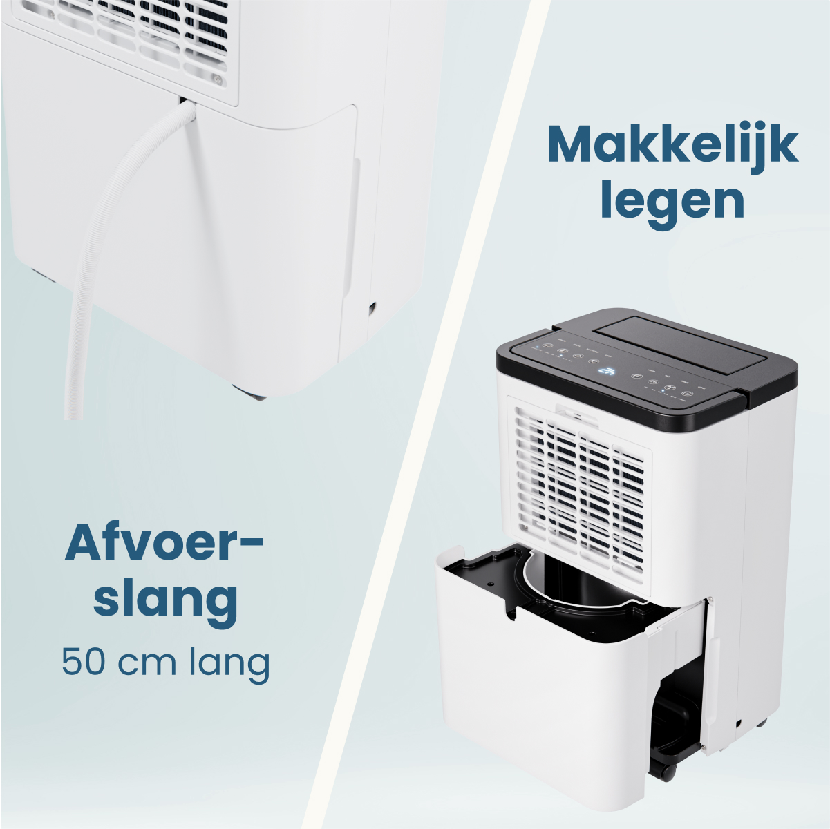 Een witte luchtontvochtiger heeft een open watertank. Een slang loopt vanuit de linkerbovenhoek. Tekst zegt 'Makkelijk legen'.