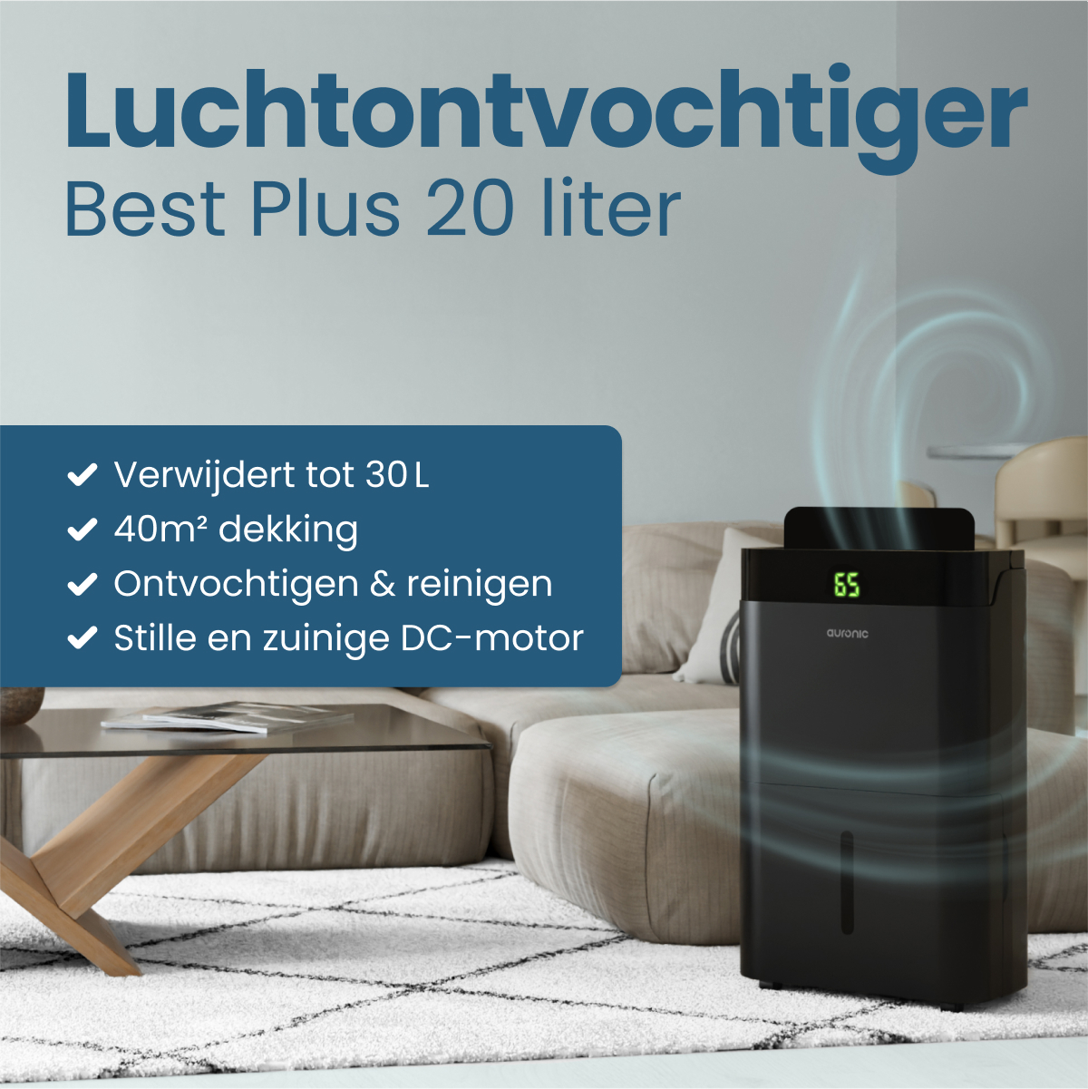 Een zwarte luchtontvochtiger met het nummer 65 wordt getoond in een kamer, met tekst over de kenmerken.