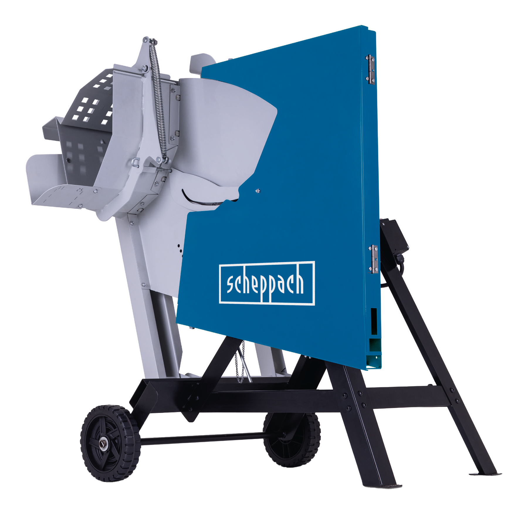 A blue and gray log splitter on a black frame with wheels. It has the brand name scheppach.