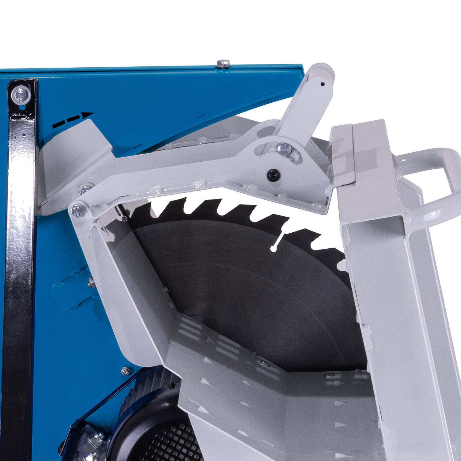 Close-up of a circular saw. Blue and white metal frame with a black saw blade. Handle on the right side. Screws and bolts are visible.