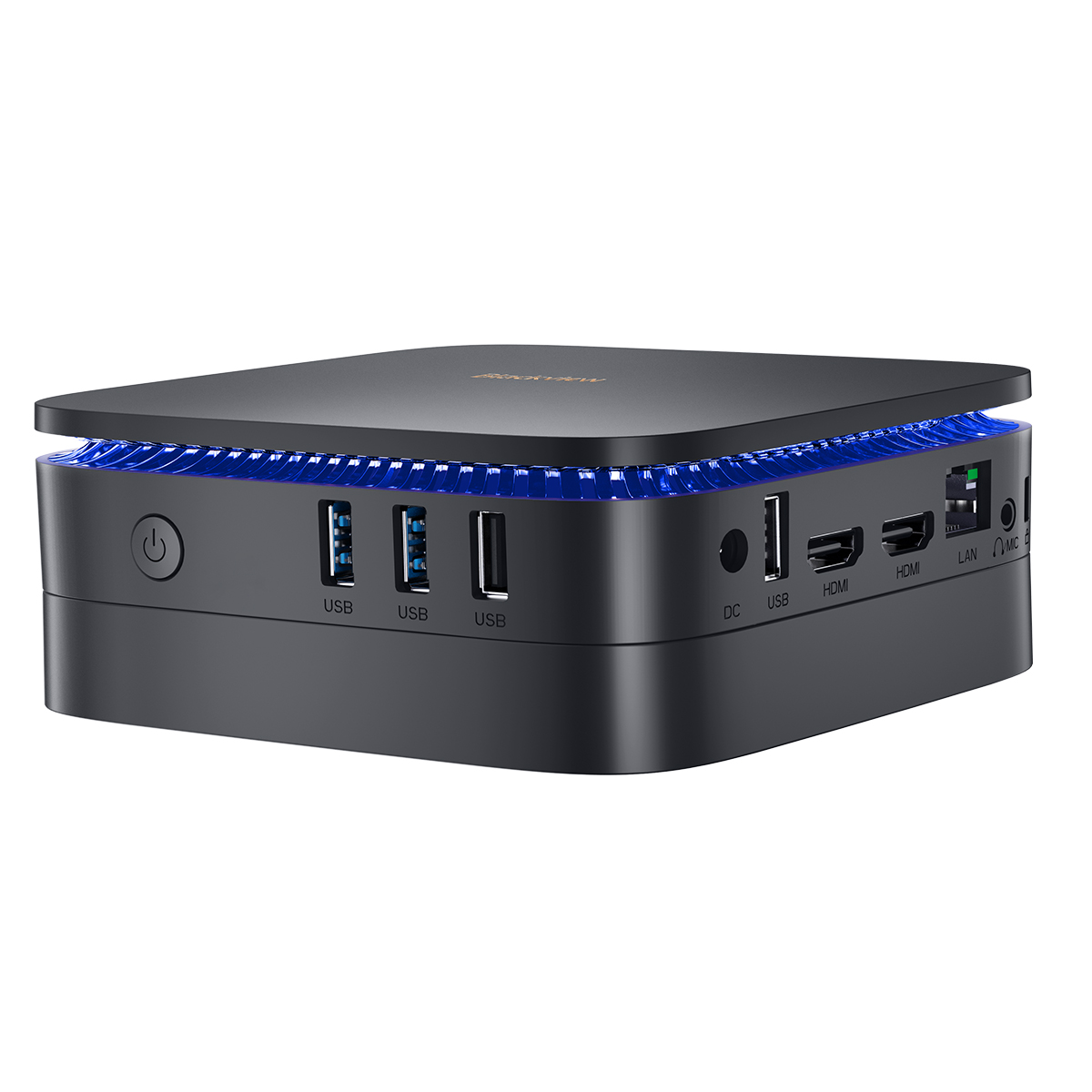 Un reproductor multimedia negro con puertos USB, botón de encendido y puertos HDMI. La luz azul emana de la parte inferior. El dispositivo está sobre un fondo blanco.