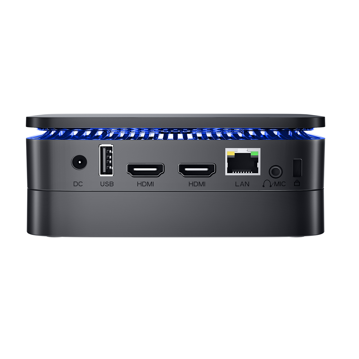 Reproductor multimedia negro. Puertos: DC, USB, dos HDMI, LAN y micrófono. Tira de luz azul en la parte superior. Aislado sobre fondo blanco.