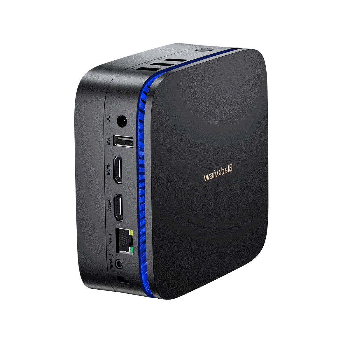 Mini PC negro con puertos y detalles de luz azul. Tiene puertos HDMI, USB y LAN. El logotipo de Blackview está en el lateral.
