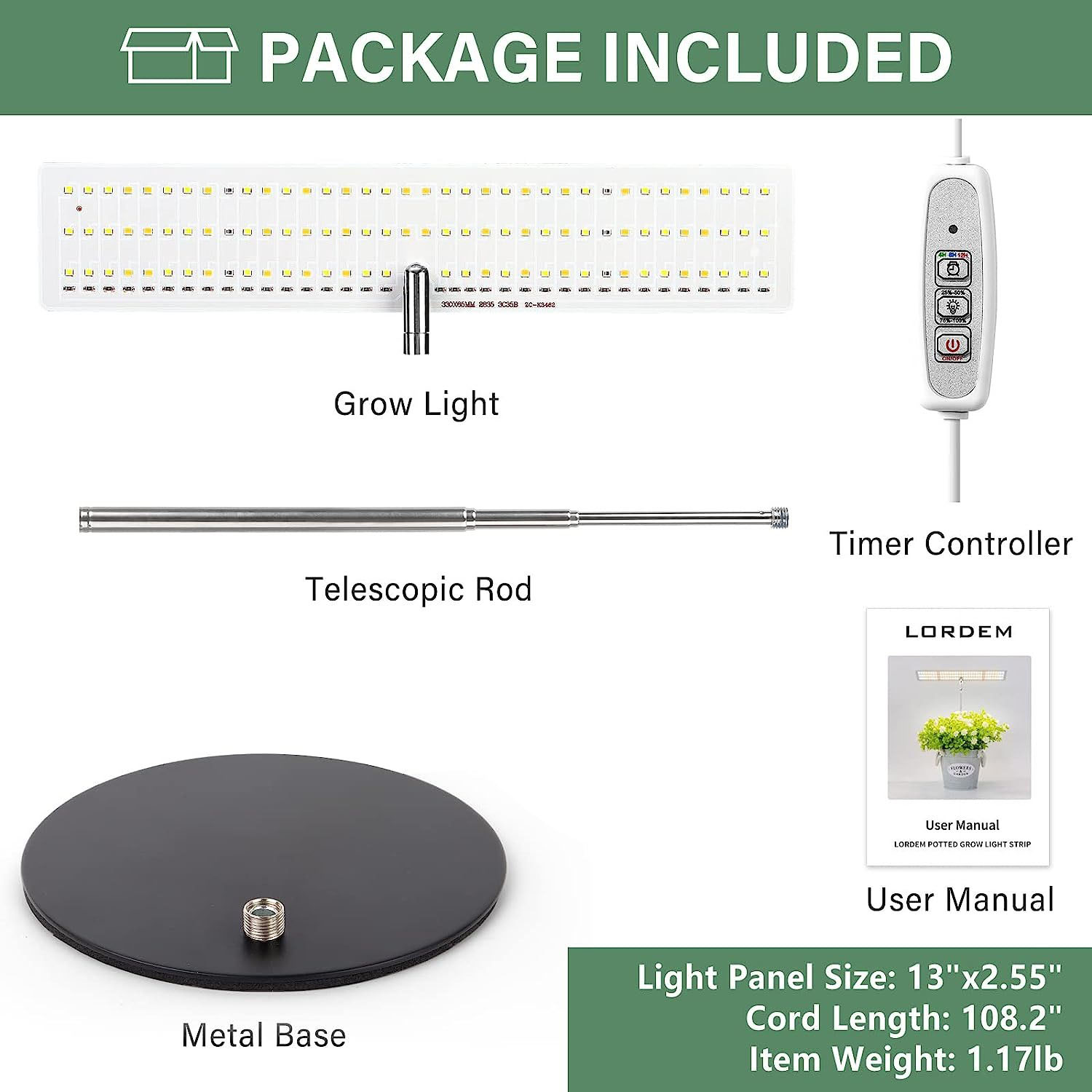 Il pacchetto include luce di coltivazione, asta telescopica, timer, base in metallo e manuale utente. Testo in basso: Dimensioni del pannello luminoso, lunghezza del cavo, peso dell'articolo.
