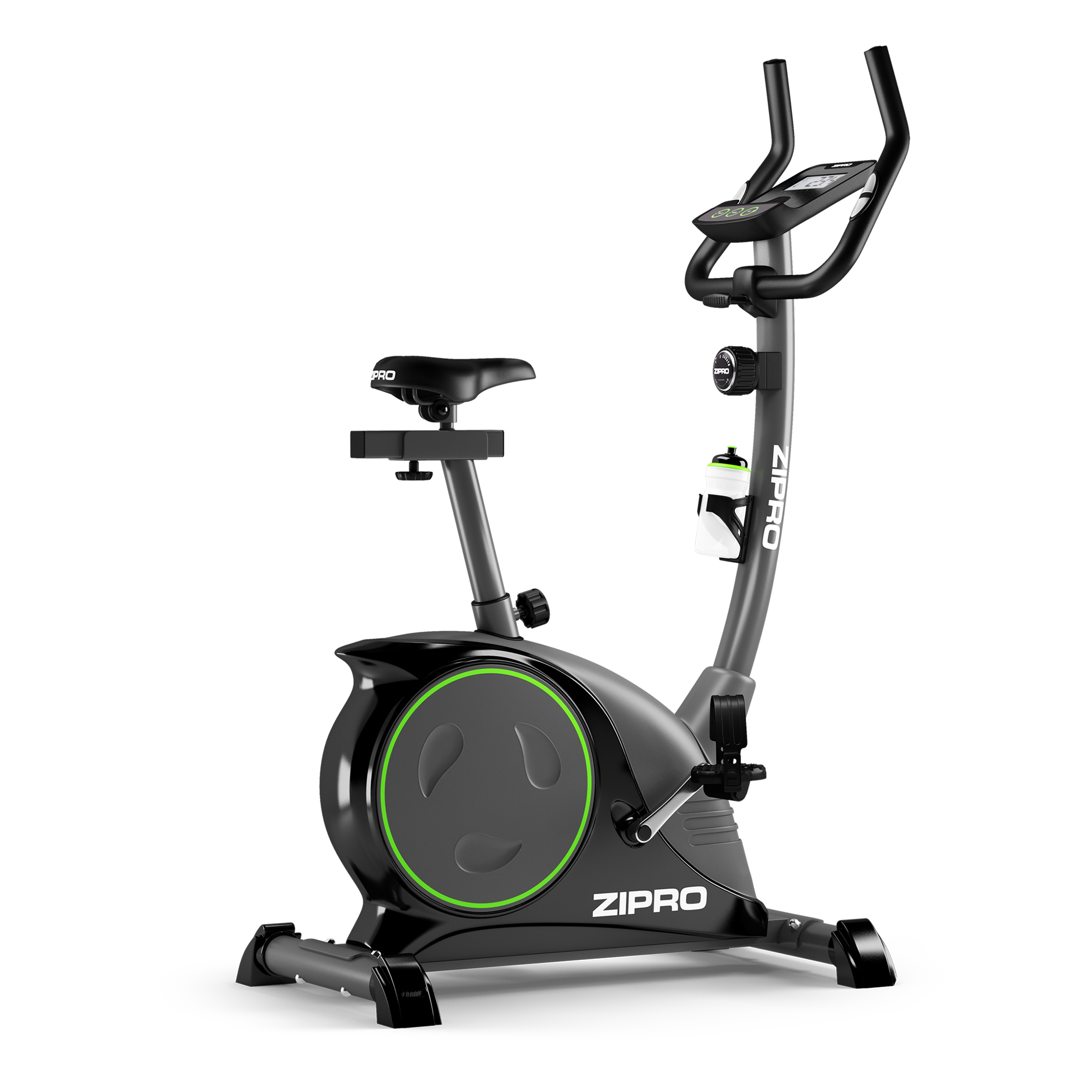 Una bicicleta estática negra y gris. Tiene asiento, manillar y pantalla. Un portabotellas está en el lateral.