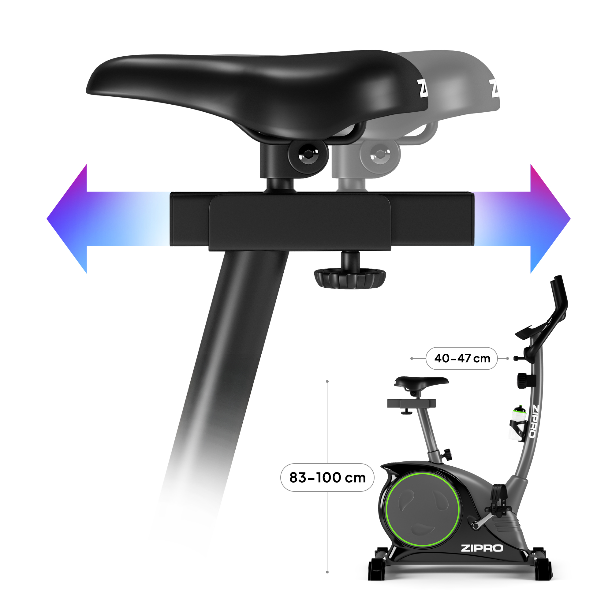Una bicicleta estática con altura de asiento ajustable y vista completa. Las flechas muestran el rango.
