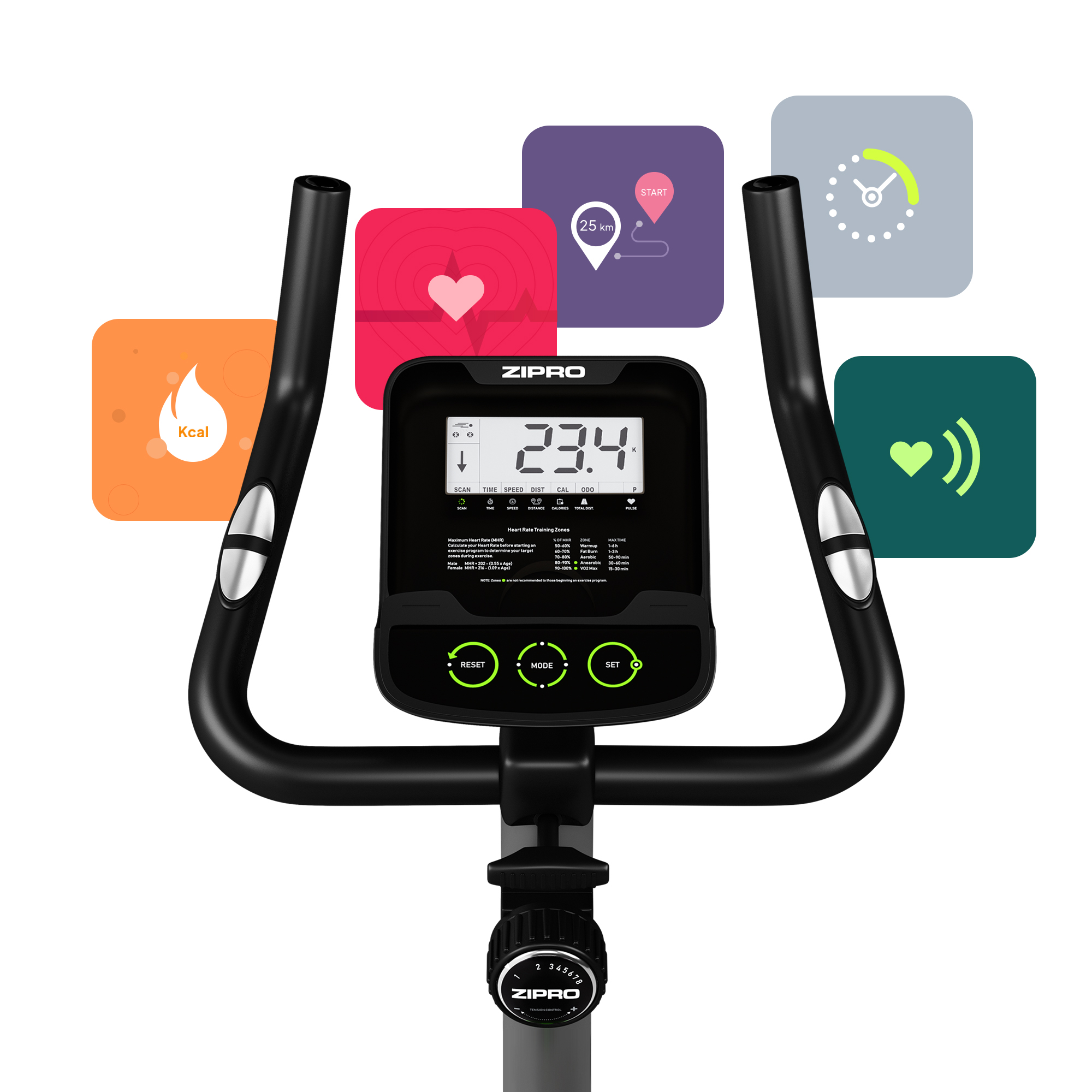 Una bicicleta estática con pantalla digital que muestra datos. Se muestra la frecuencia cardíaca, la distancia y las calorías. Hay iconos de corazón y tiempo.
