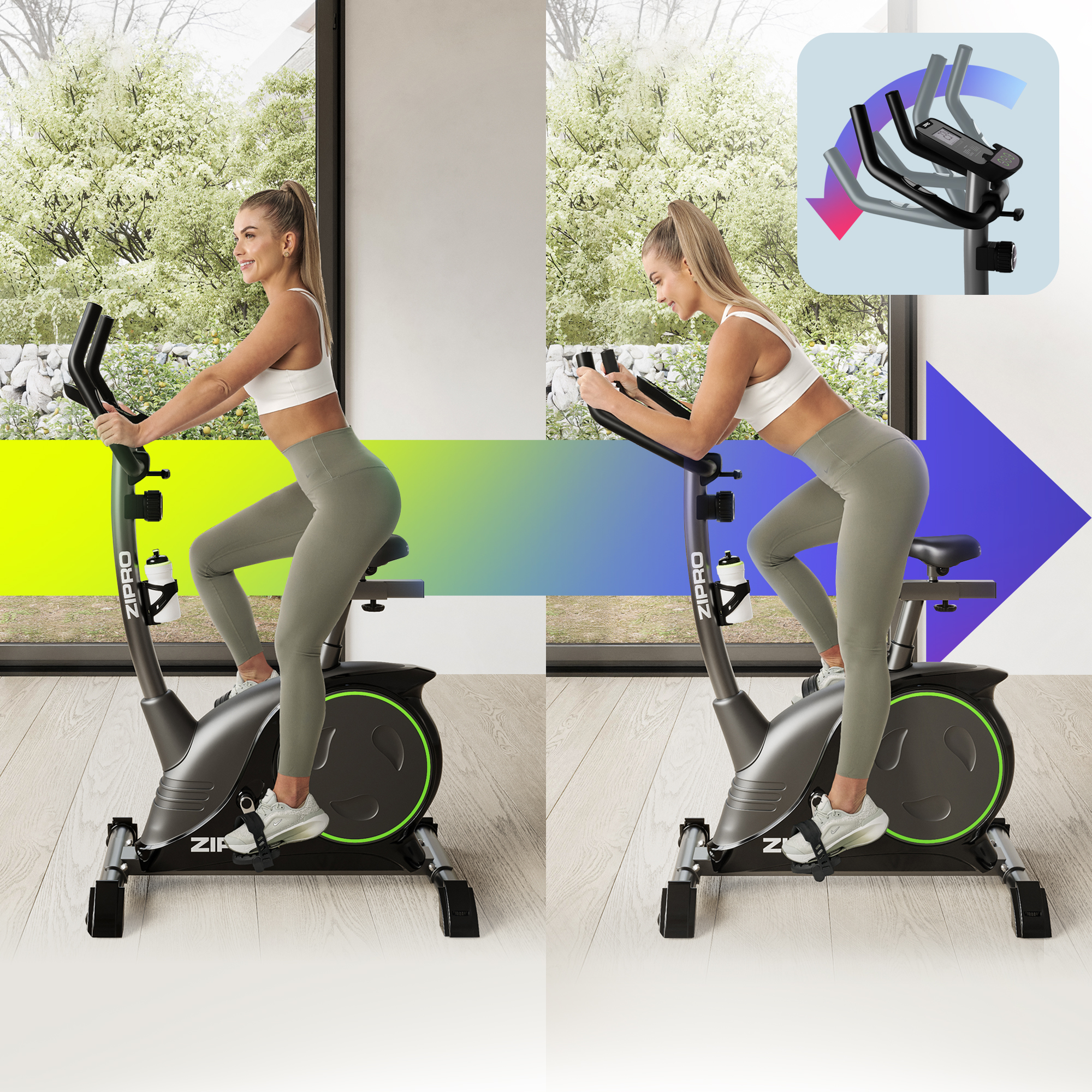 Mujer en bicicleta estática. Lleva top blanco y leggings grises. La bicicleta es negra y verde.