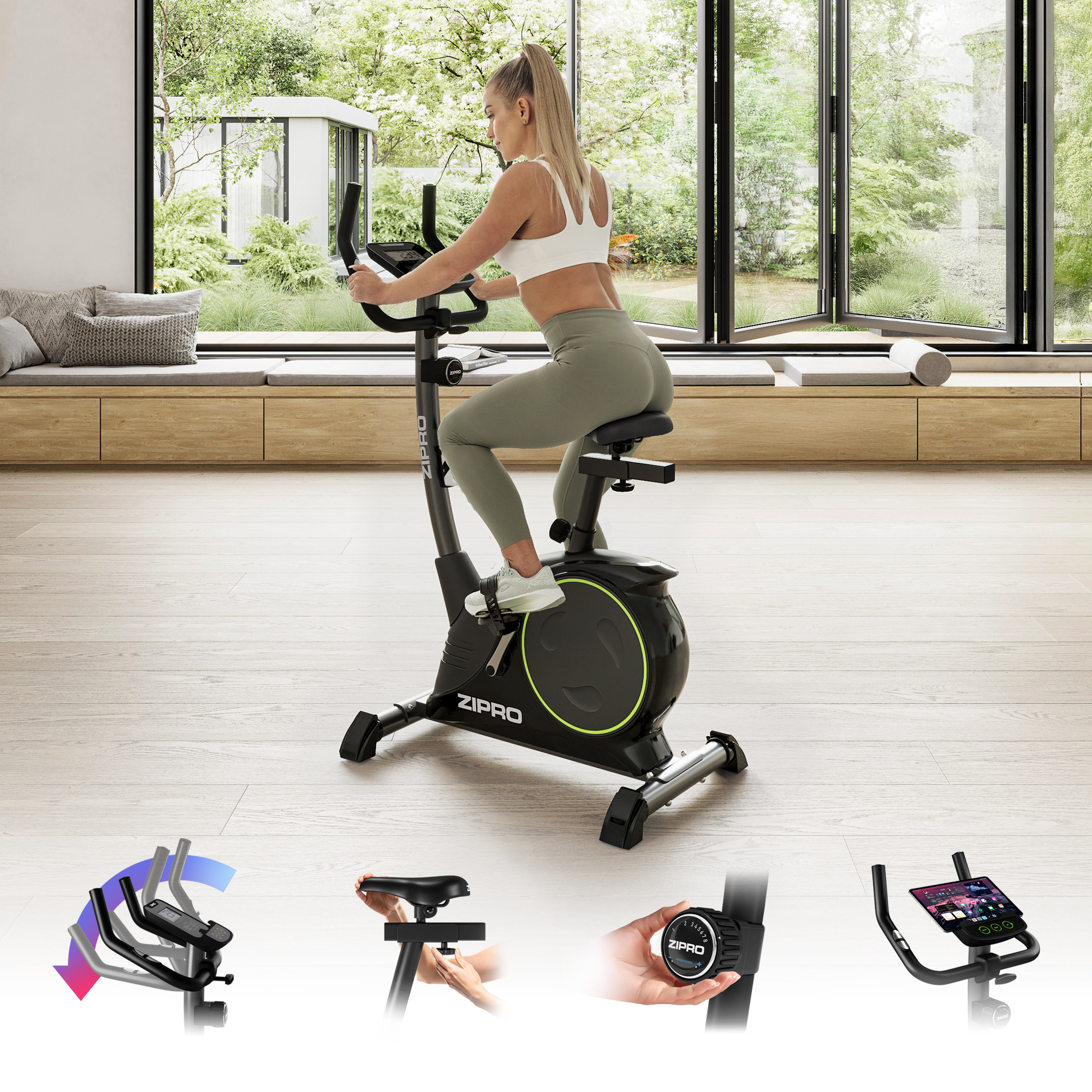 Una mujer se ejercita en una bicicleta estática negra en una habitación con una gran ventana con vistas a la vegetación. La bicicleta tiene una pantalla digital.