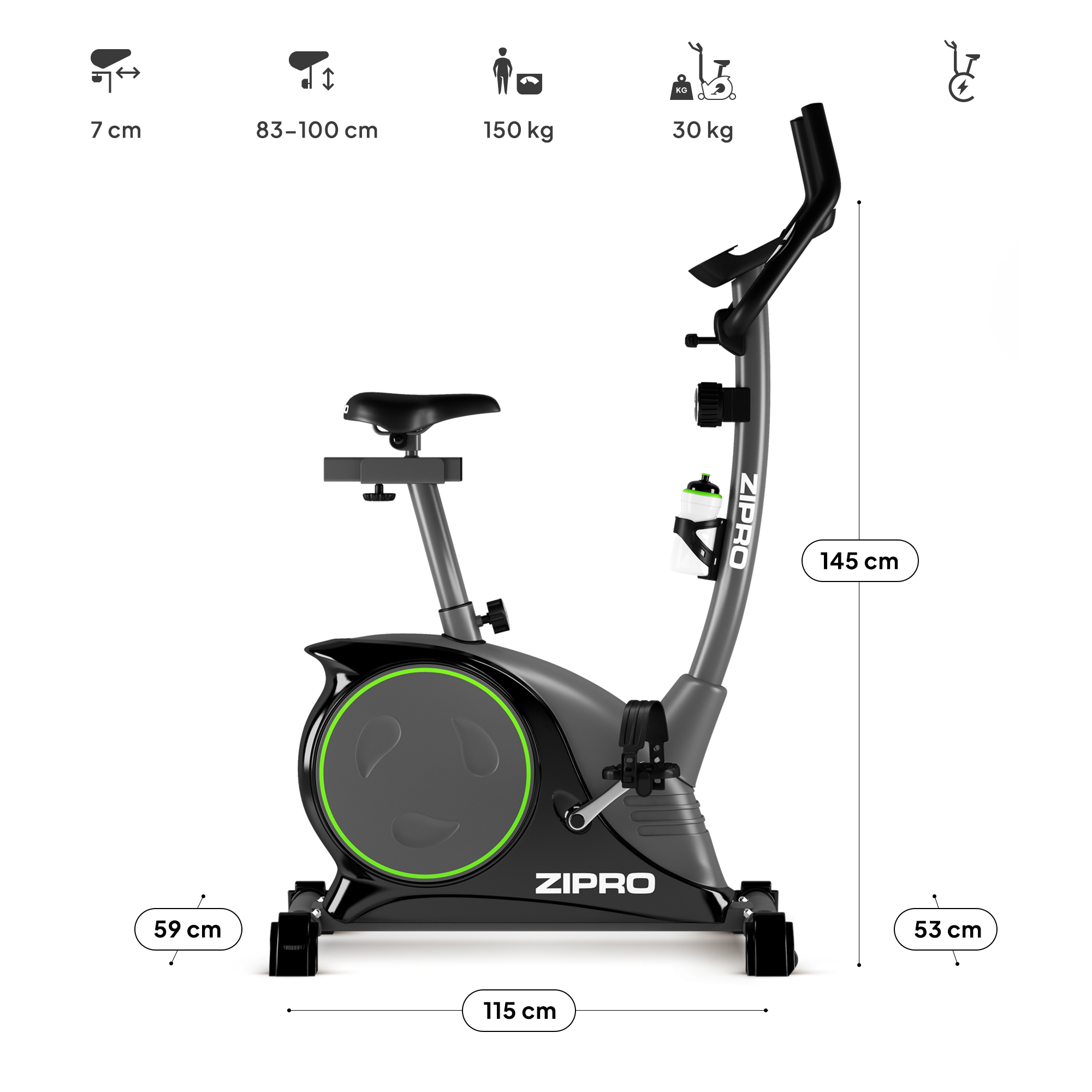 Una bicicleta estática ZIPRO gris y negra. Se muestran dimensiones y detalles de peso.