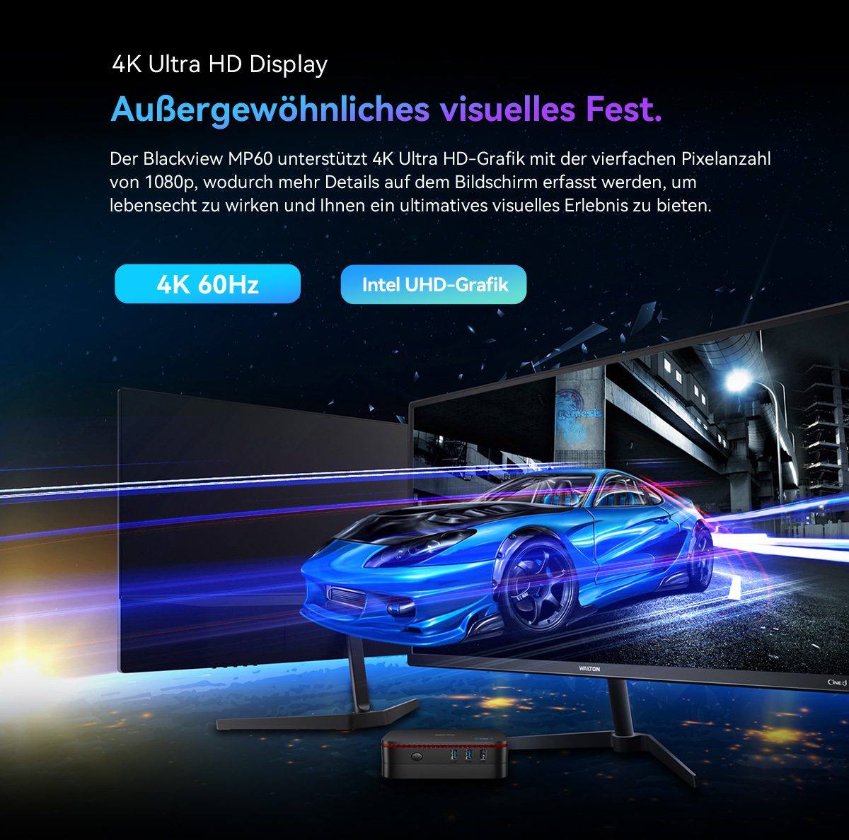 Ein blaues Sportauto rast auf einer Rennstrecke, dargestellt auf einem Monitor. Die Szene ist futuristisch mit leuchtenden Linien.