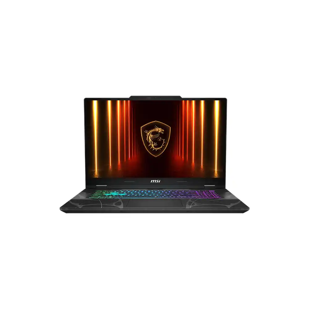 Bir MSI dizüstü bilgisayarı açık olarak görüntülenir. Ekran, turuncu ve sarı ışıklarla altın bir ejderha logosu gösterir. Klavyede RGB ışıkları var.