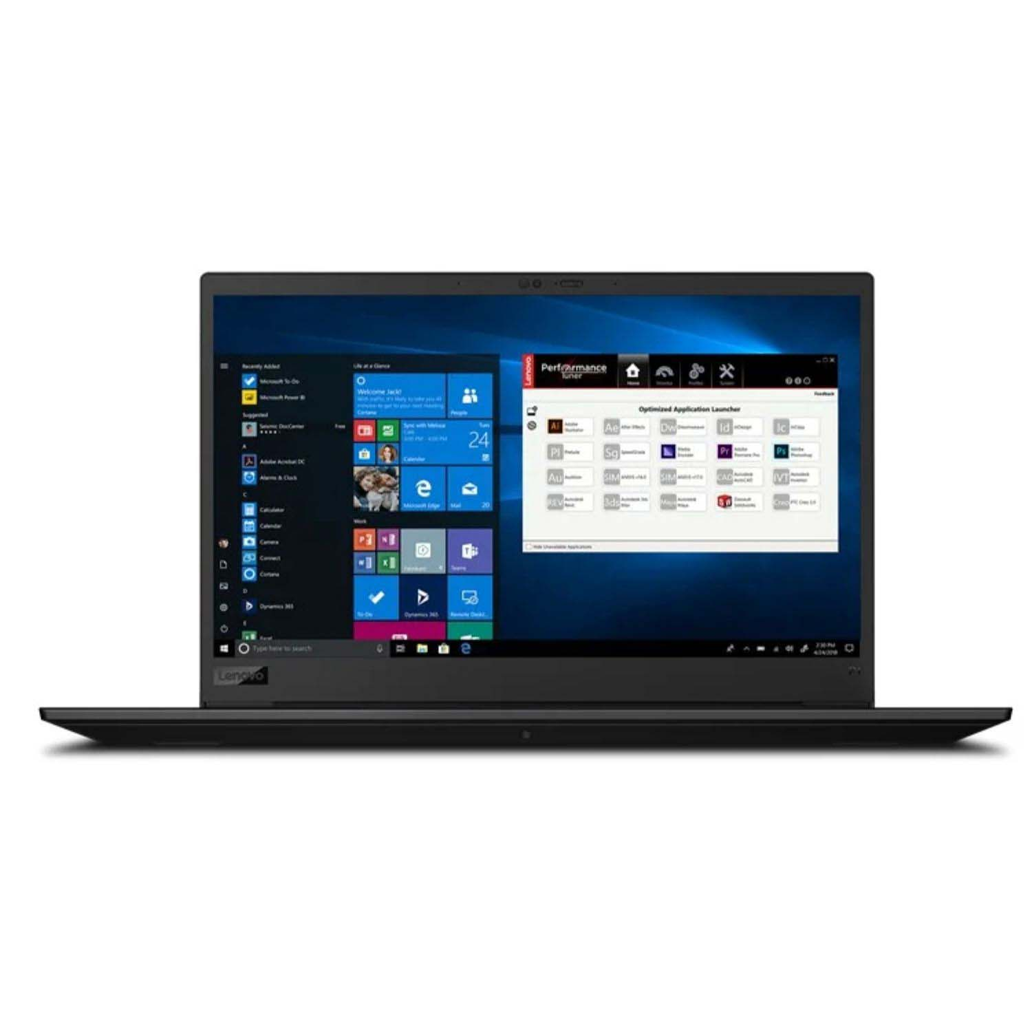 Un portátil Lenovo negro muestra un escritorio de Windows con iconos de aplicaciones. La pantalla muestra el menú de inicio y un iniciador de aplicaciones.