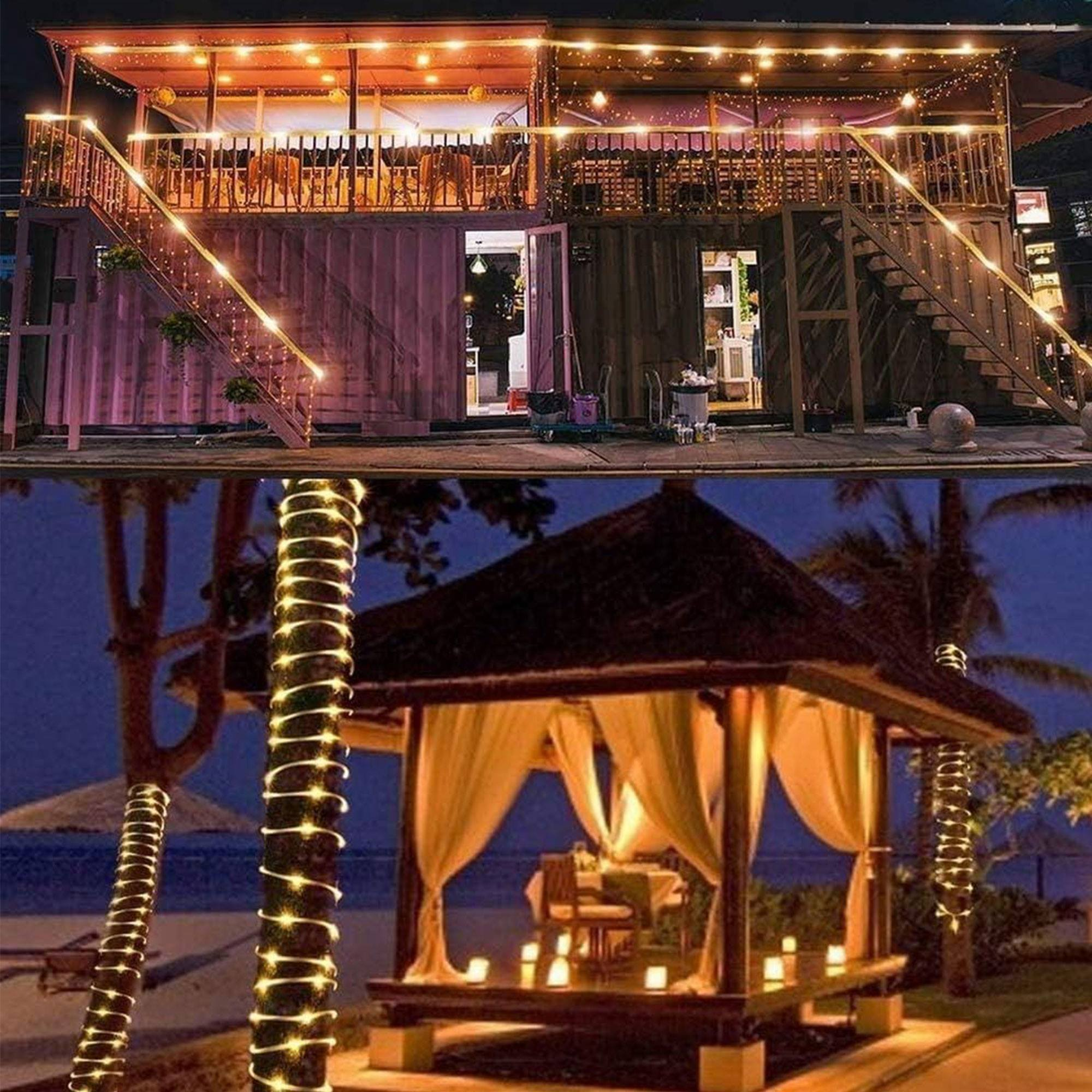 Edificio de dos pisos con luces, escaleras y un cenador en la playa con luces. Escena nocturna.