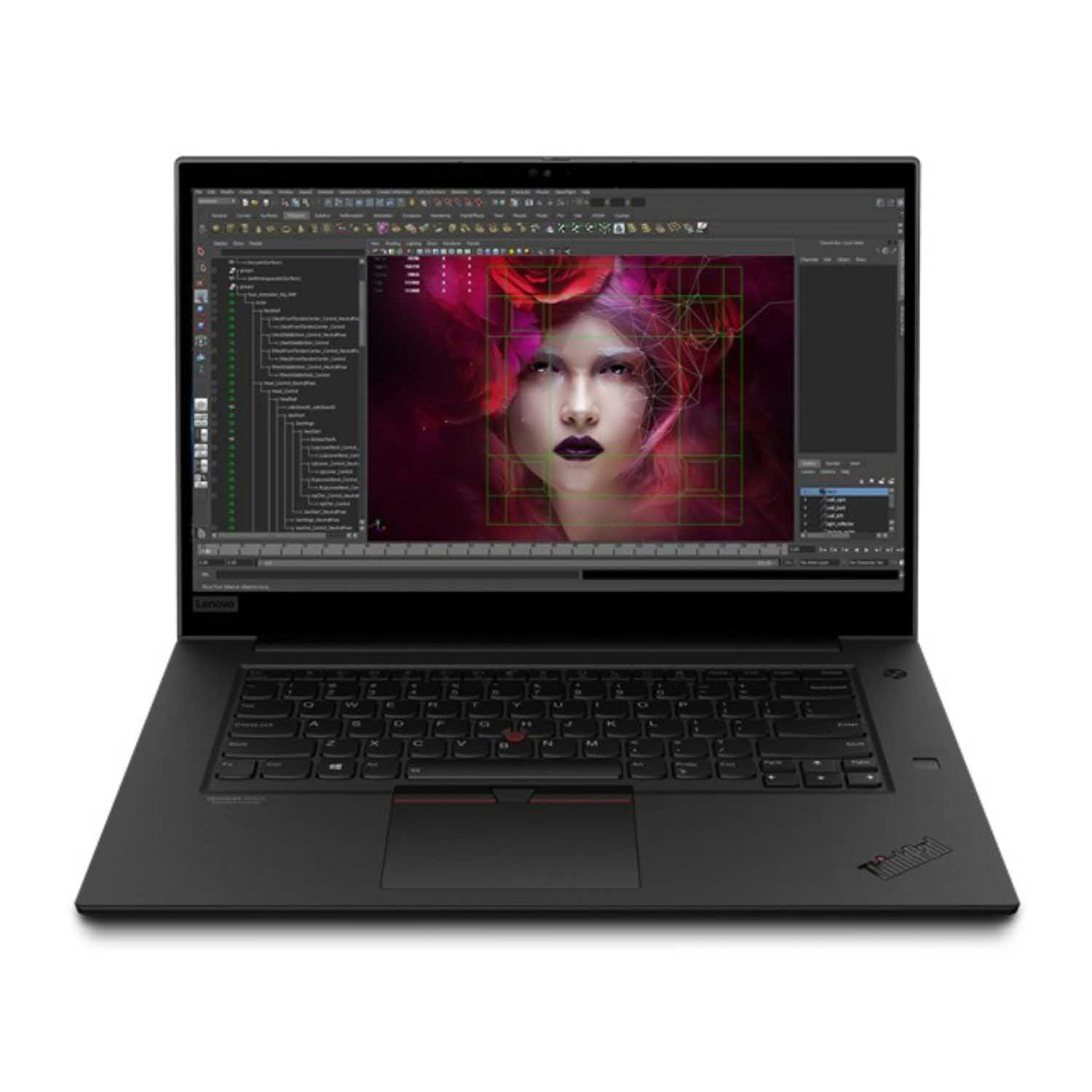 Portátil Lenovo negro que muestra el rostro de una mujer con cabello rosa y morado. La pantalla muestra una interfaz de modelado 3D.