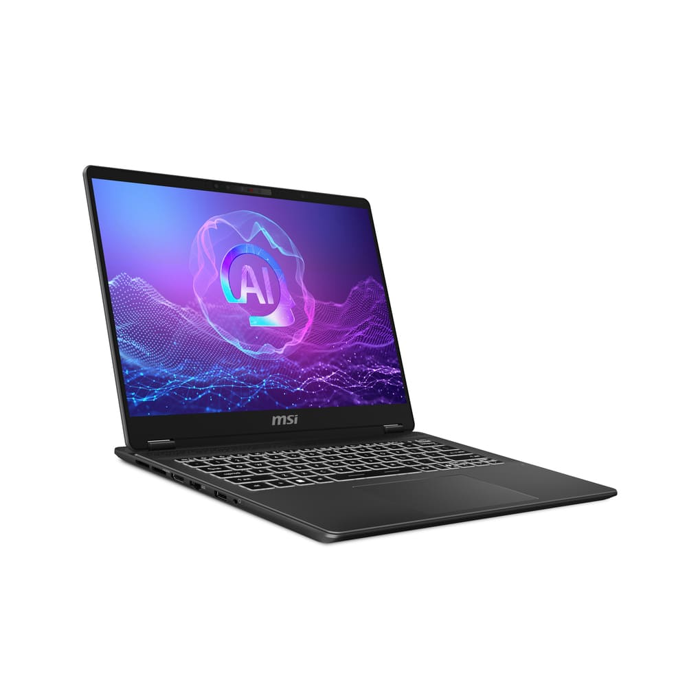 Siyah bir MSI dizüstü bilgisayar açık. Ekran, mor ve mavi bir arka plan üzerinde bir AI logosu görüntülüyor. Klavye görünür durumda.