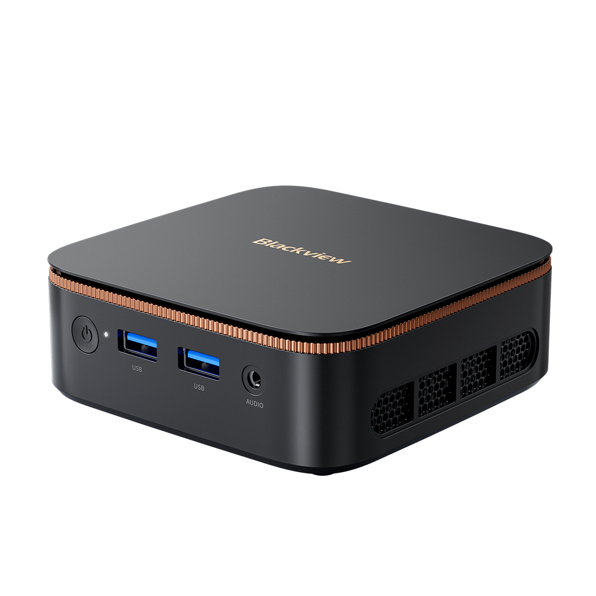Un mini PC Blackview negro. Tiene puertos USB, un conector de audio y un botón de encendido. La parte superior tiene el nombre de la marca en dorado.
